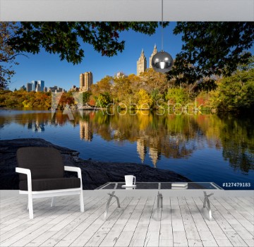 Picture of Fall in Central Park at The Lake Cityscape sunrise view with colorful Autumn foliage on the Upper West Side Manhattan New York City
